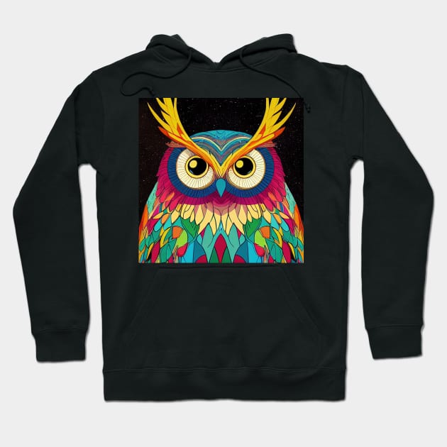 Colorful Owl Portrait Illustration - Bright Vibrant Colors Bohemian Style Feathers Psychedelic Bird Animal Rainbow Colored Art Hoodie by JensenArtCo